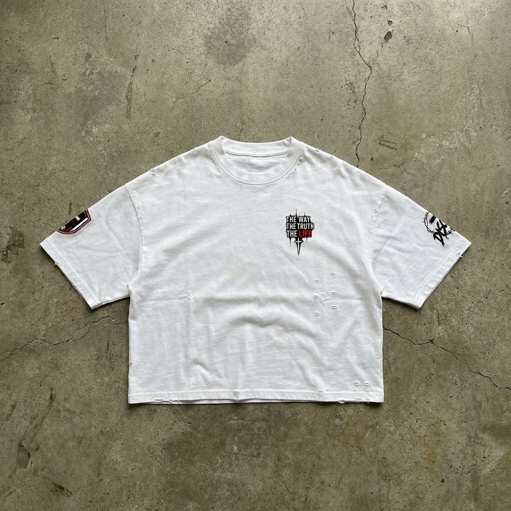 The Way - Distressed White Crop Tee