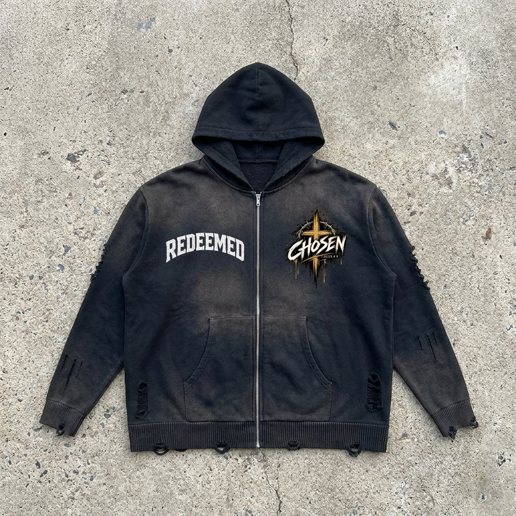 Redeemed Chosen - Washed Black Zip Hoodie